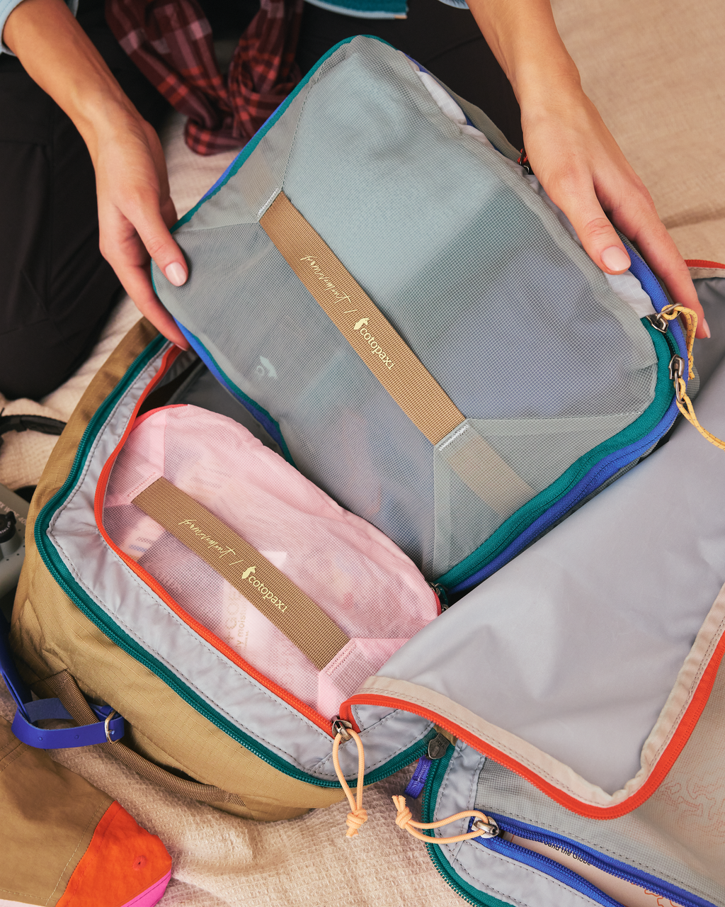Cotopaxi X FP Movement Expandable Cubo Bundle, Powder Pink/Sterline Blue, Lifestyle