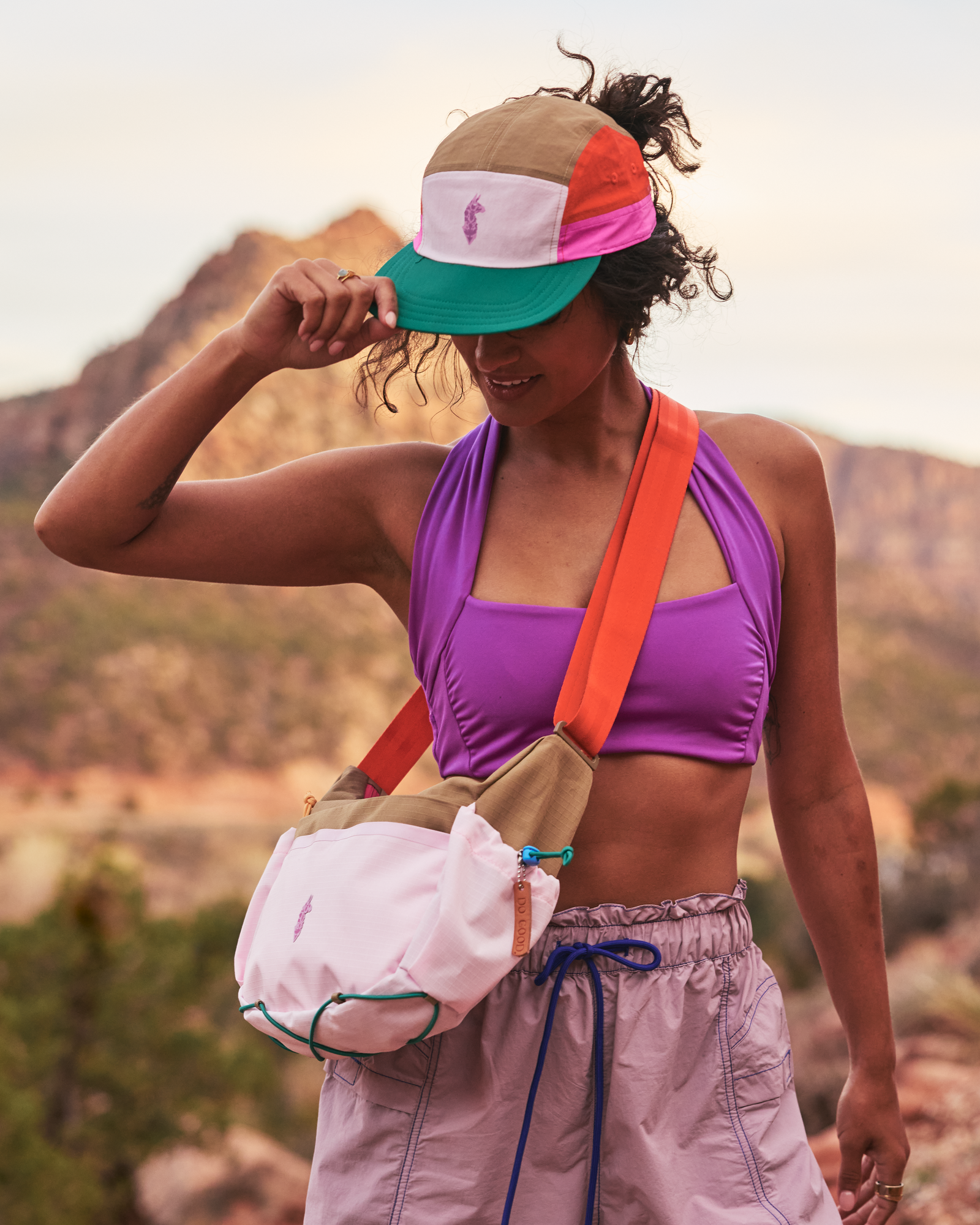 Cotopaxi X FP Movement Tech 5-Panel Hat, Powder Pink/Green Glow, Lifestyle