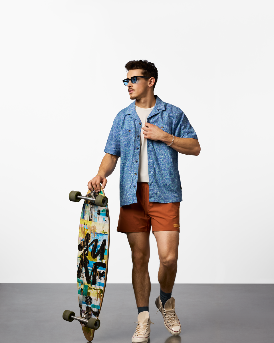 Afuera Button Up Shirt - Print - Men's, Cenotes Azure, Model Kellan
