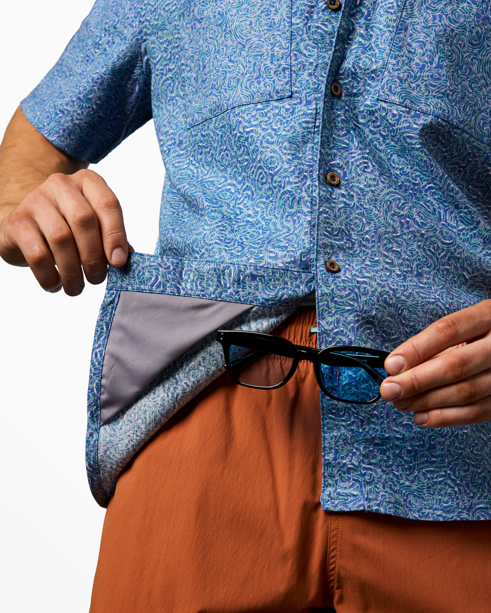 Afuera Button Up Shirt - Print - Men's, Cenotes Azure, Model Kellan