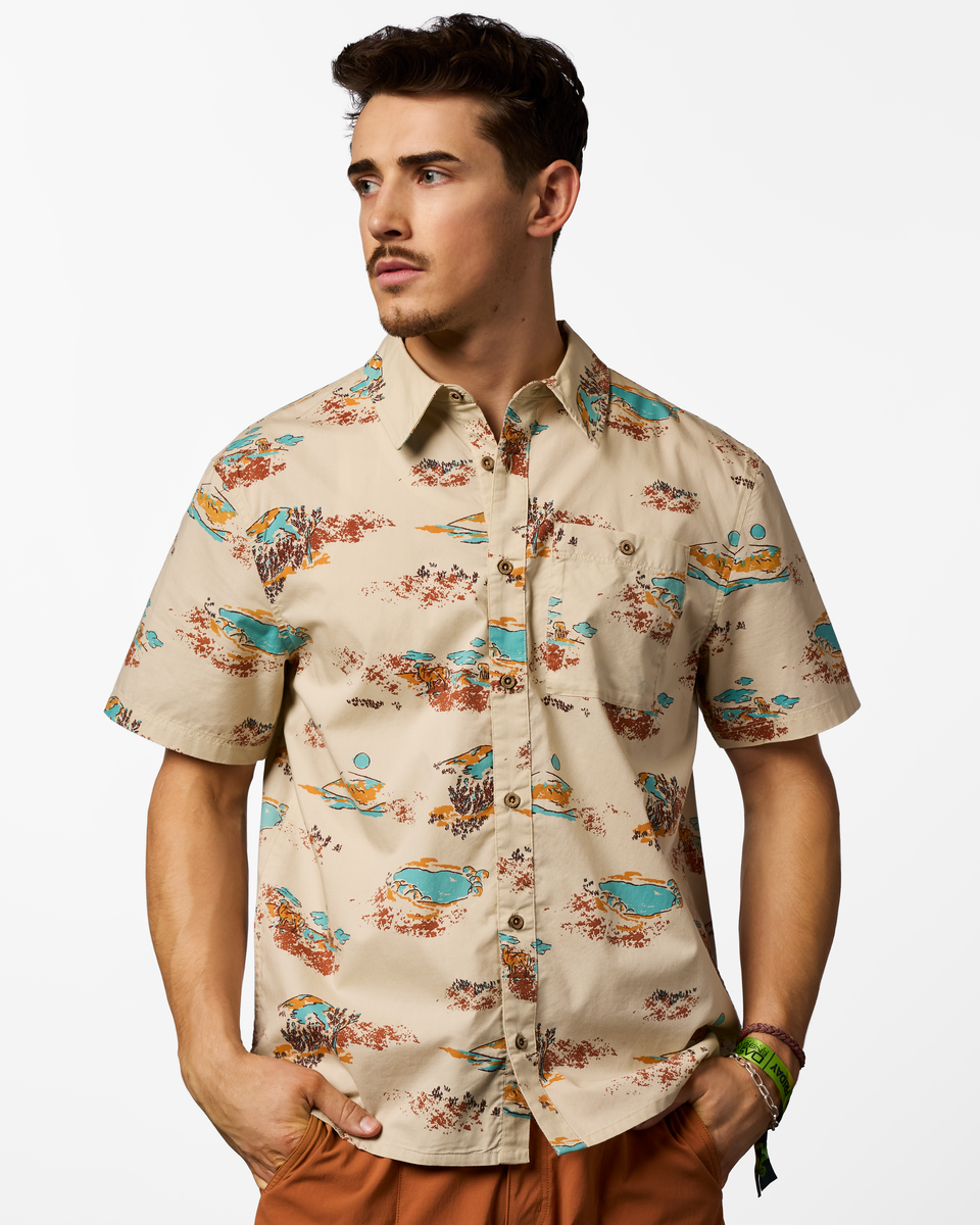 Estival Button Up Shirt - Print - Men's, Mt Cotopaxi Cream, Model Kellan