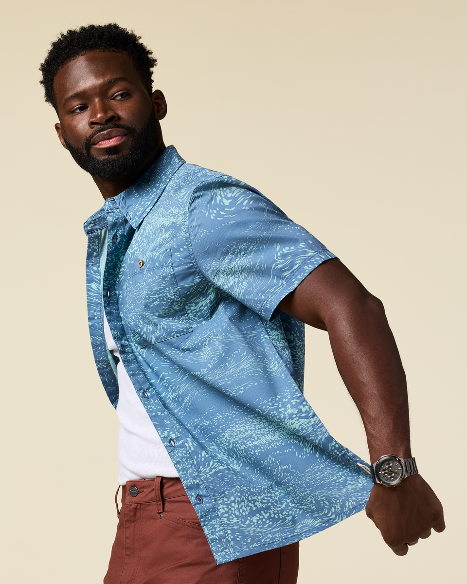 Estival Button Up Shirt - Print - Men's, Waves Steel Blue, Model Kirk