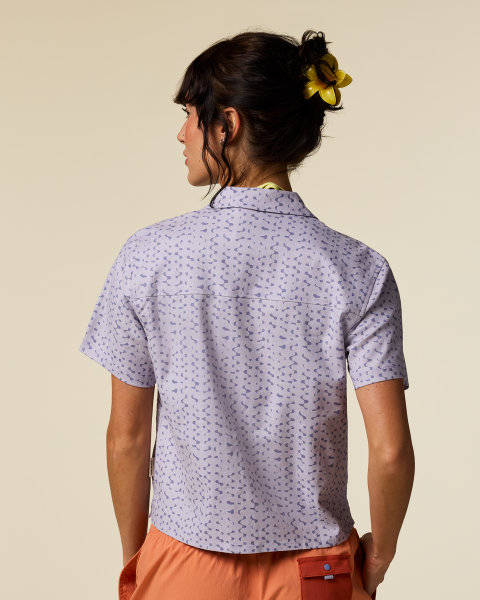 Afuera Button Up Shirt - Print - Women's, Shimmer Aster, Model Lola