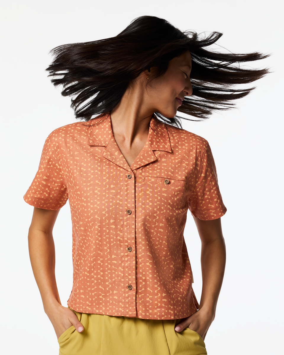Afuera Button Up Shirt - Print - Women's, Shimmer Cantaloupe, Model Tiff