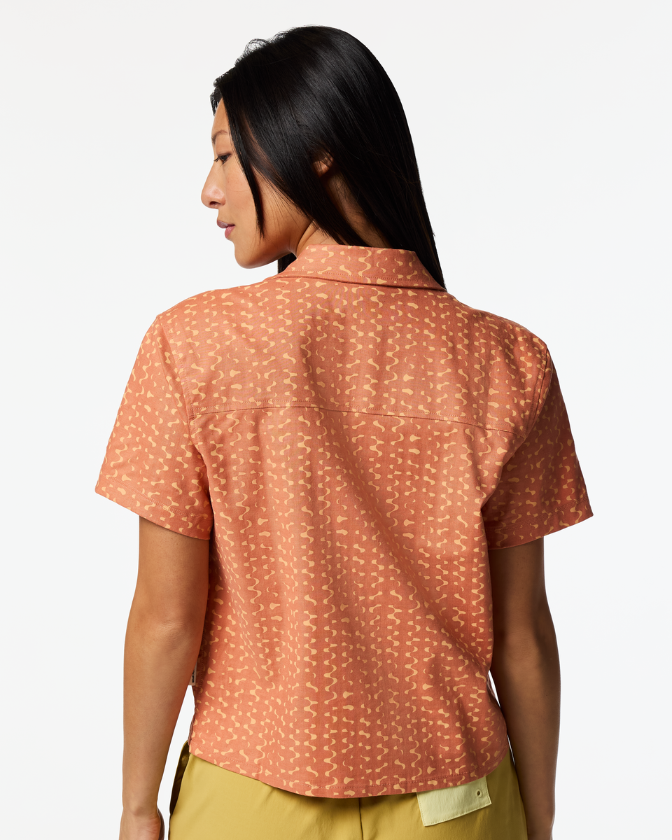 Afuera Button Up Shirt - Print - Women's, Shimmer Cantaloupe, Model Tiff