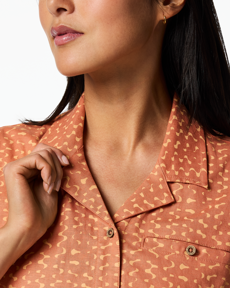 Afuera Button Up Shirt - Print - Women's, Shimmer Cantaloupe, Model Tiff