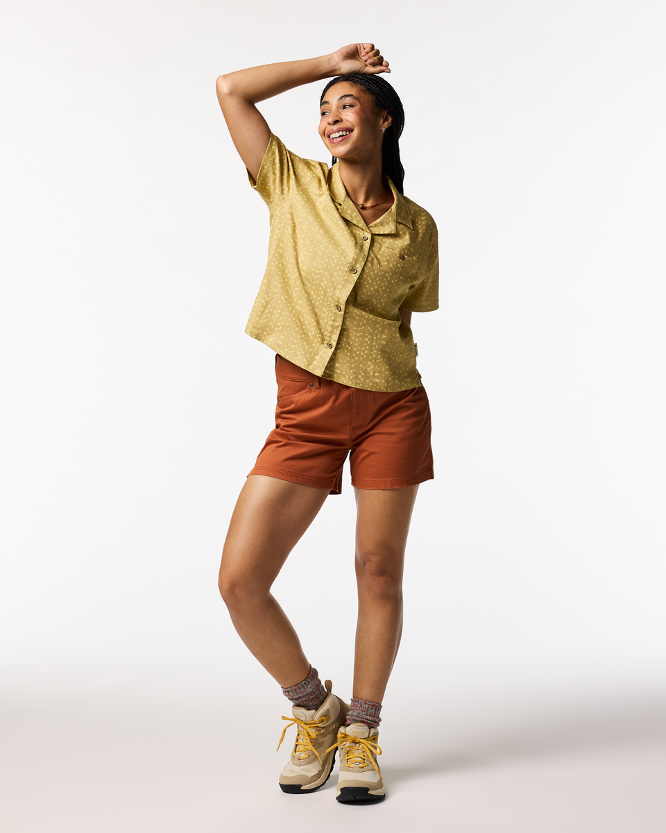 Afuera Button Up Shirt - Print - Women's, Shimmer Honeydew, Model Kalu