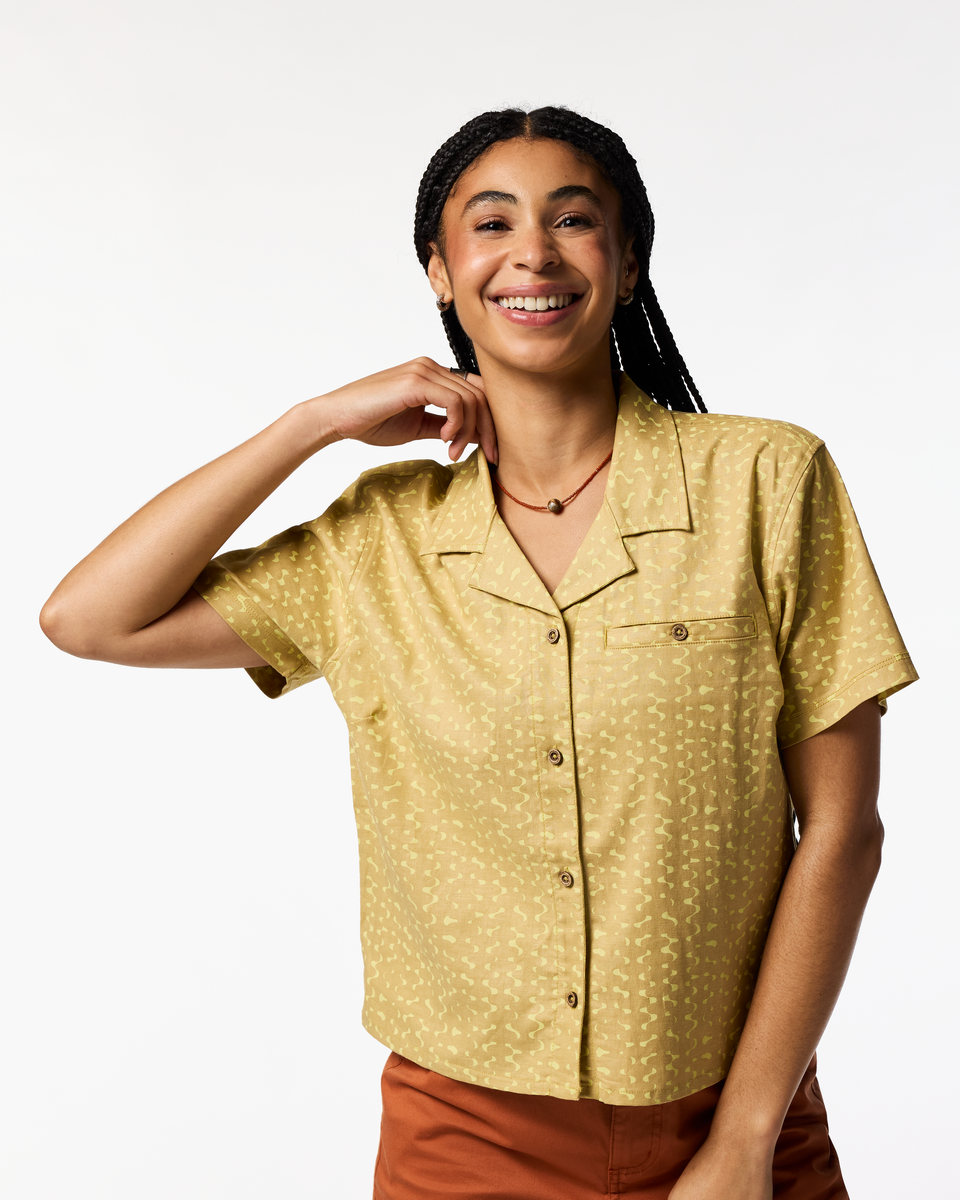 Afuera Button Up Shirt - Print - Women's, Shimmer Honeydew, Model Kalu