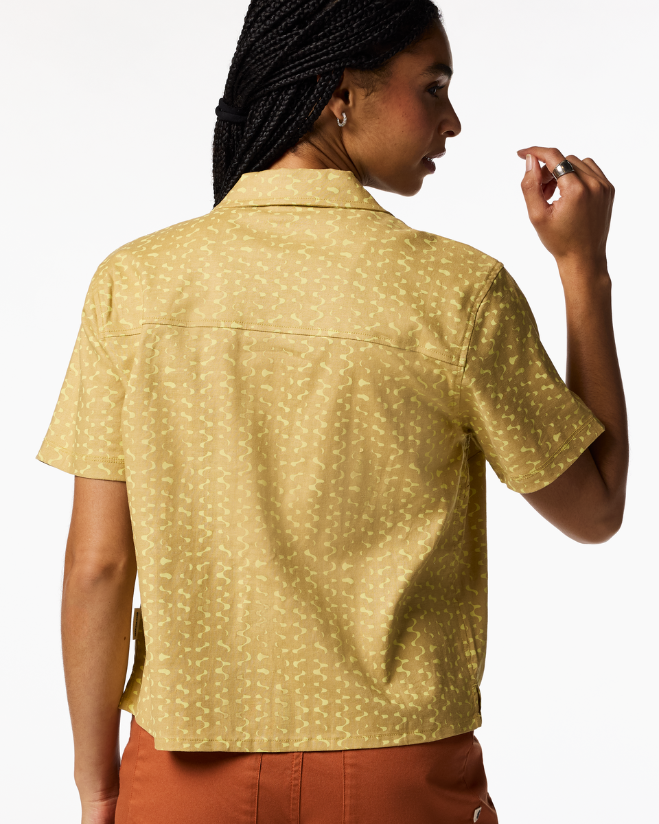Afuera Button Up Shirt - Print - Women's, Shimmer Honeydew, Model Kalu