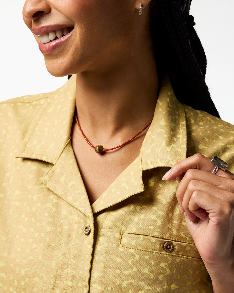 Afuera Button Up Shirt - Print - Women's, Shimmer Honeydew, Model Kalu
