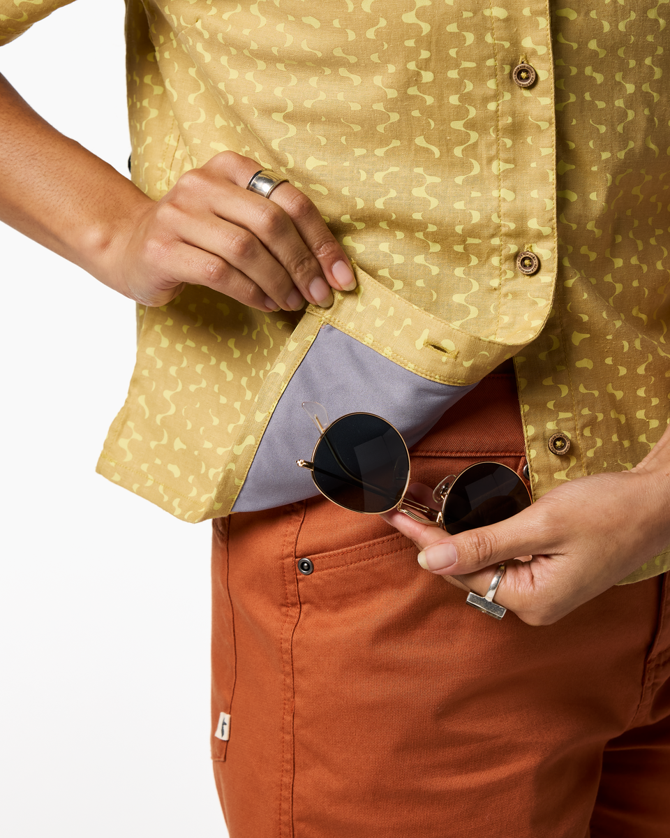 Afuera Button Up Shirt - Print - Women's, Shimmer Honeydew, Model Kalu