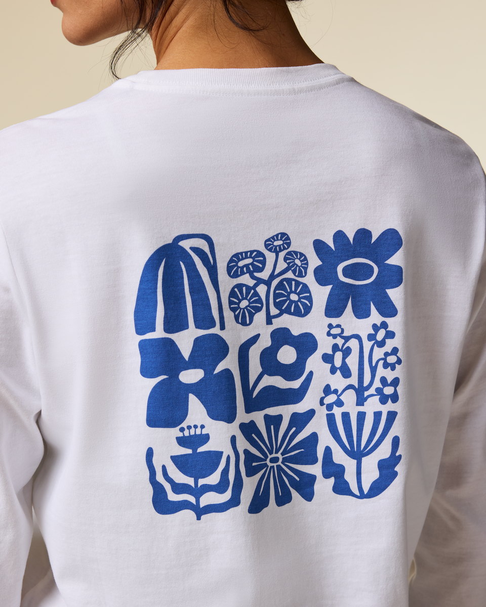 Flower Patch Long-Sleeve T-Shirt - Women's, White, Model Lola