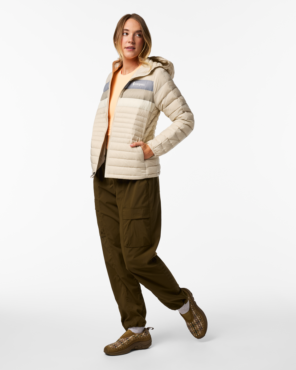 Fuego Down Hooded Jacket - Women's, Cream Stripes, Model Ellen
