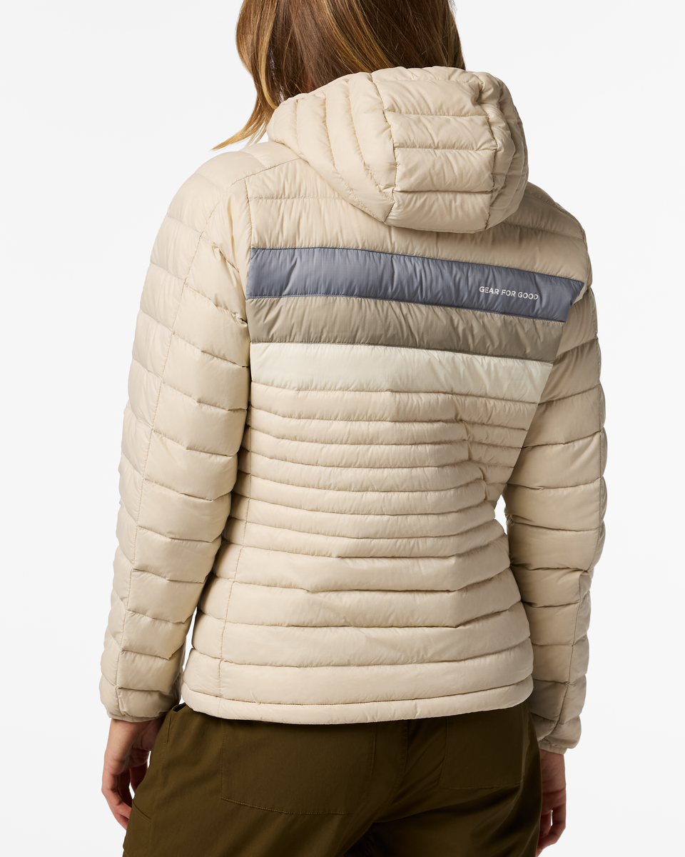 Fuego Down Hooded Jacket - Women's, Cream Stripes, Model Ellen
