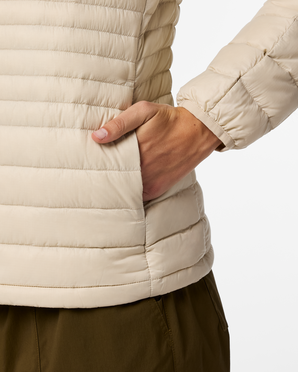 Fuego Down Hooded Jacket - Women's, Cream Stripes, Model Ellen