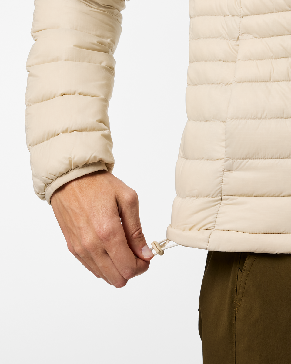Fuego Down Hooded Jacket - Women's, Cream Stripes, Model Ellen