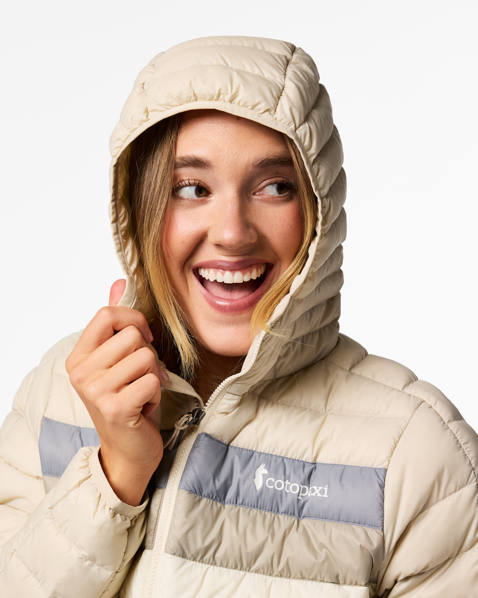 Fuego Down Hooded Jacket - Women's, Cream Stripes, Model Ellen