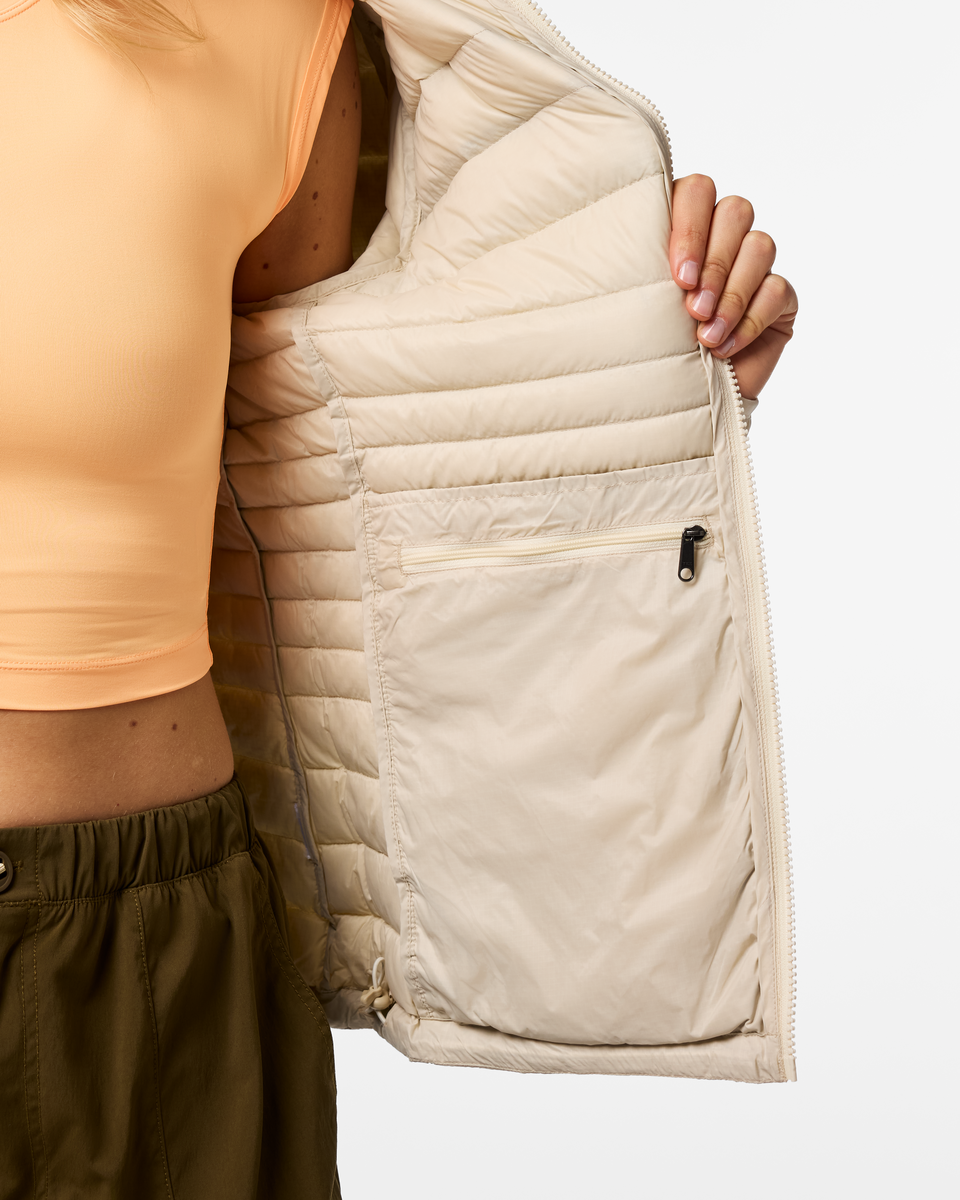 Fuego Down Hooded Jacket - Women's, Cream Stripes, Model Ellen